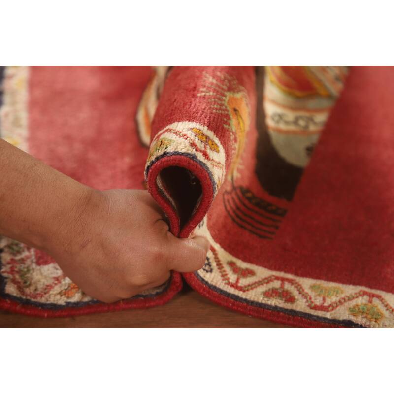 Pictorial Red Shiraz Persian Square Rug Hand-Knotted Wool Carpet - 1'11" x 1'11"