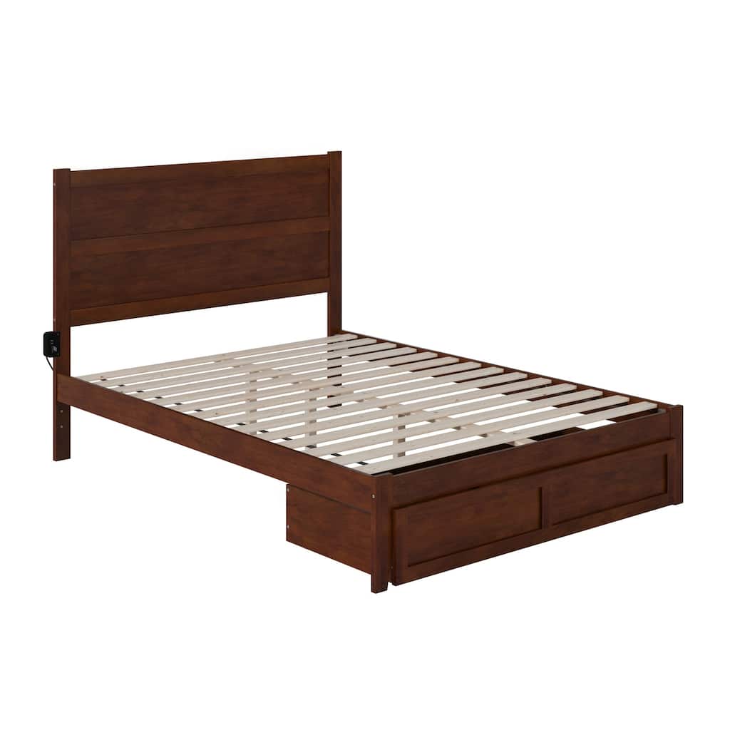 Walnut Platform Bed with Storage Drawer - Modern Wood Slat Bed Frame - HomeStock Noho