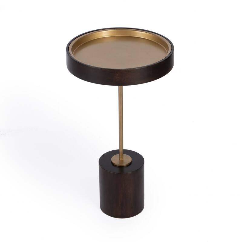 21.5” Solid Wood Round Accent Table with Rose Gold Top and Black Block Base Distressed Finish - 21.5"H x 12"W x 12"L