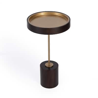 21.5” Solid Wood Round Accent Table with Rose Gold Top and Black Block Base Distressed Finish - 21.5"H x 12"W x 12"L