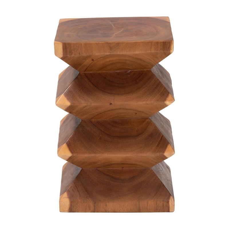 Malati Solid Suar Wood Side Table - Hand-Carved Sculptural End Table with Zigzag Design, Modern Boho Style