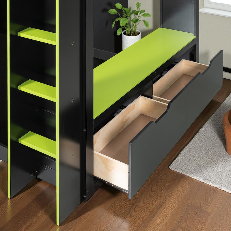 Full Size Wood Loft Bed with Adjustable Desk, Drawers, Storage Shelves, Hanging Rod and RGB LED Lights