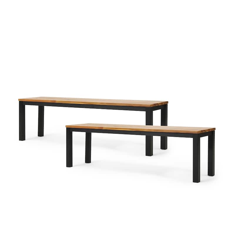 Roomfitters Outdoor Bench Set of 2 with Acacia Wood Top and Black Metal Legs, Patio Garden Seating, Natural