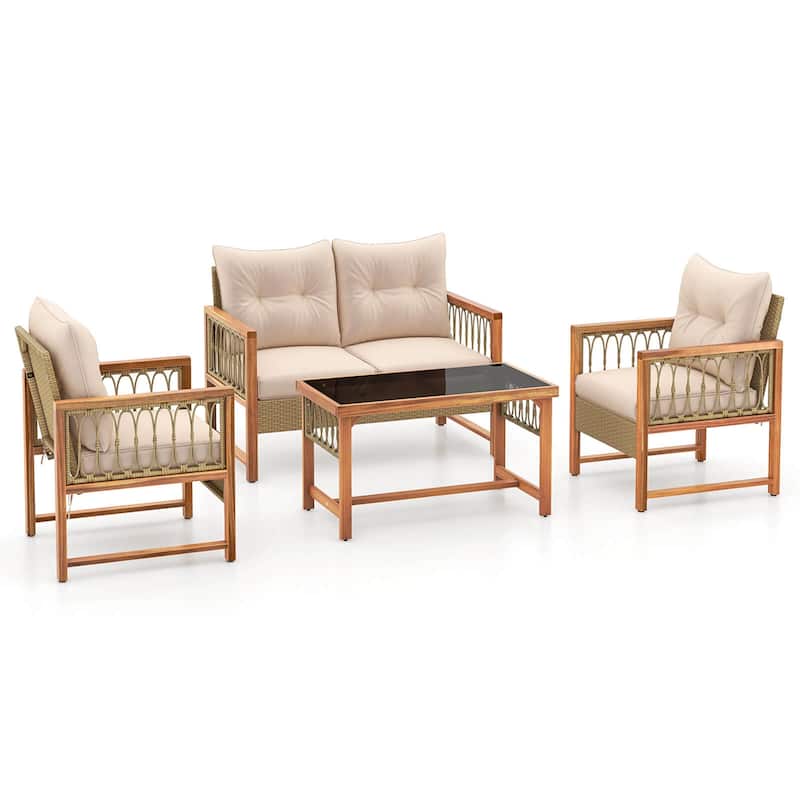 Costway 4 PCS Patio Furniture Set with Acacia Wood Frame Cushions and - See Details