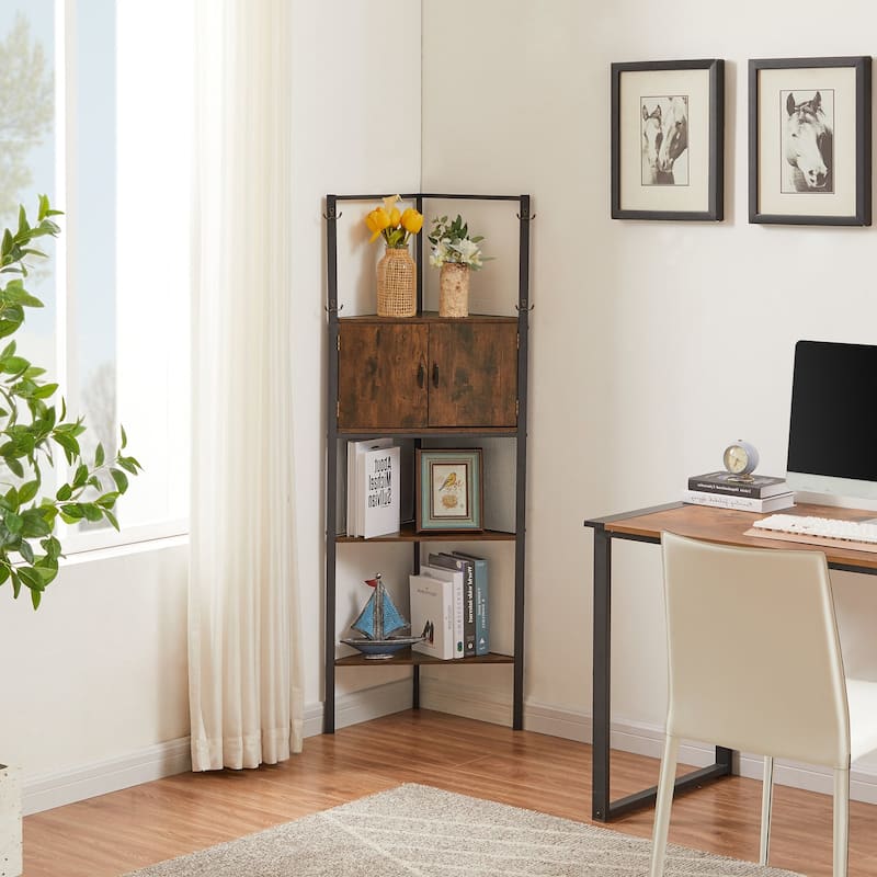 VECELO 59 inch Tall 5-tier Corner Bookshelf with Door Triangle Storage Shelves Plant Stand