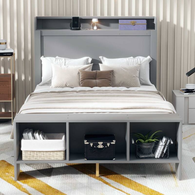 Full Size Platform Bed with built-in shelves, LED Light and USB ports