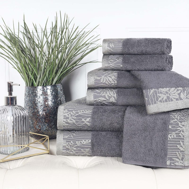 Superior Wisteria Cotton Floral Jacquard 8 Piece Bathroom Towel Set - Grey