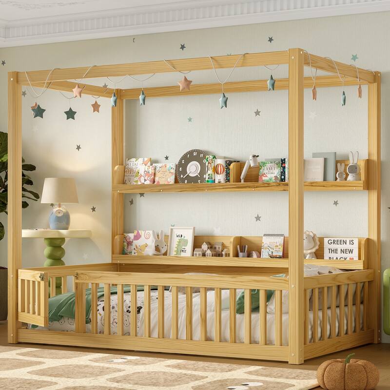 Montessori-Inspired Design Canopy Bed Kids Solid Wood Floor Bed Frame with Built-in Storage Shelves and Child-Safe Guardrails