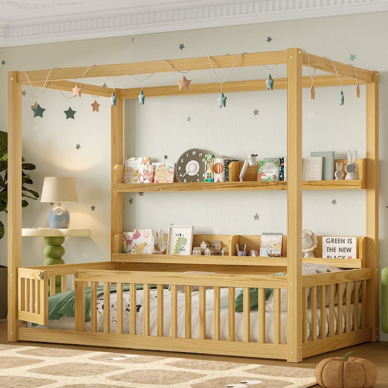 Roomfitters Canopy Floor Bed with Guardrails and Shelves, Solid Wood Montessori Frame