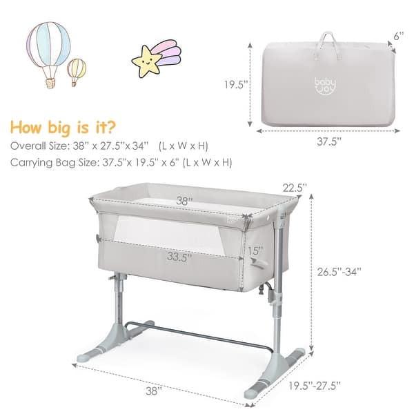 dimension image slide 0 of 2, Babyjoy Portable Baby Bed Side Sleeper Infant Travel Crib W/Carrying - See Details