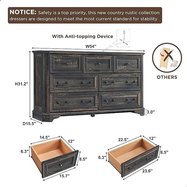 dimension image slide 9 of 19, Farmhouse Drawers Dresser, Wood Chest of Drawers, Dressers Organizer