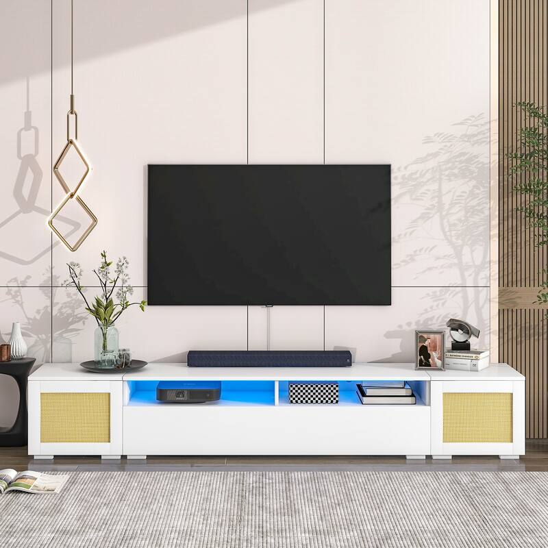 3-Piece Extended TV Stand with Color-Changing LED Lights - Rattan Style, Push-to-Open Doors, 82" Entertainment Center