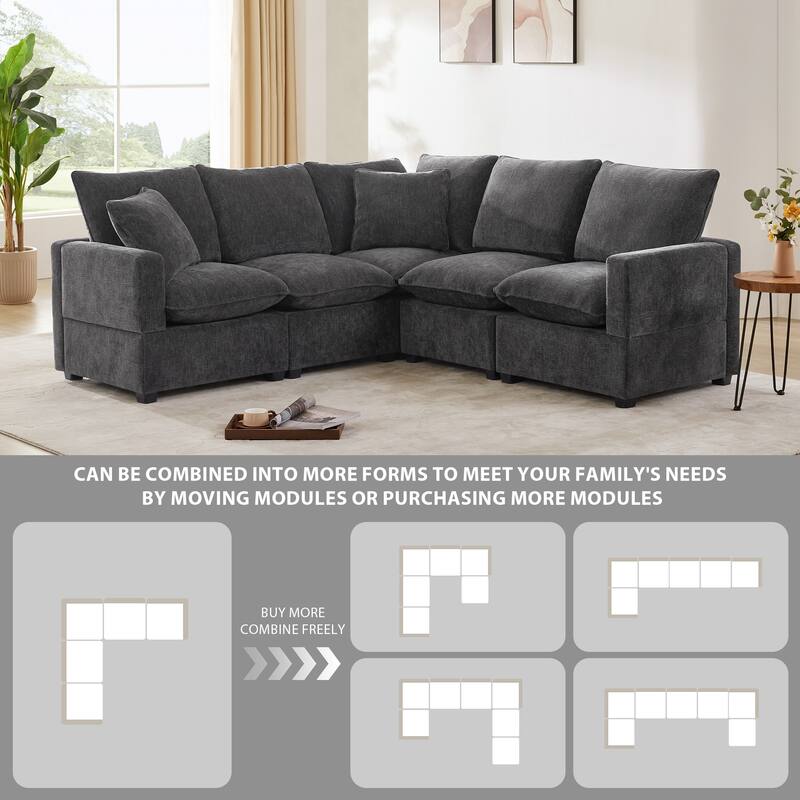 Chenille Sectional Sofa Set L Shape Corner Sleeper Sofa, Black+Grey - Black+Grey