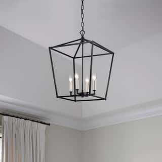 Matte Black 4-Light Lantern Pendant 16 in with Nickel or Black Sleeve - 16 in. W x 16 in. D x 20.5 in. H