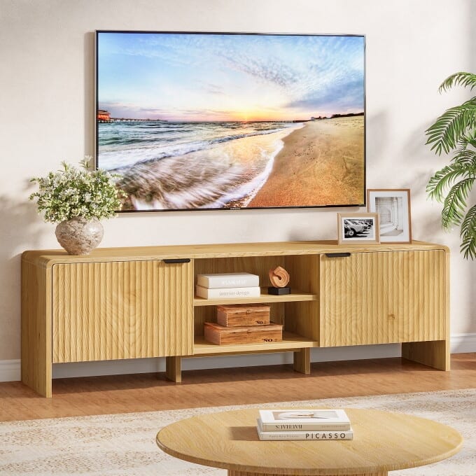 63-Inch Wooden TV Stand With Storage, Modern Low Console Table