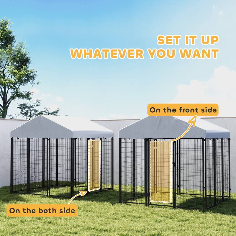 Silver-Black Steel Outdoor Dog Kennel with PE Cover and Large Area - 70.8" W x 70.8" D x 72" H