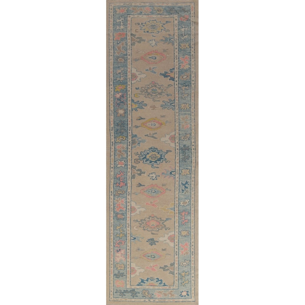 Hand Knotted Oriental 100% Wool Carpet Transitional Floral Beige & Ivories Oushak Runner Rug - 13' 2'' X 3' 2''