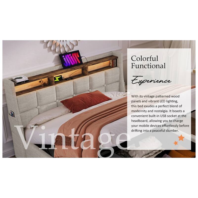 Queen Size Upholstered Platform Bed w/ a Hydraulic Storage System, LED
