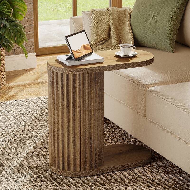 Fluted C-Shaped End Table, Modern Narrow Side Table with Oval Top