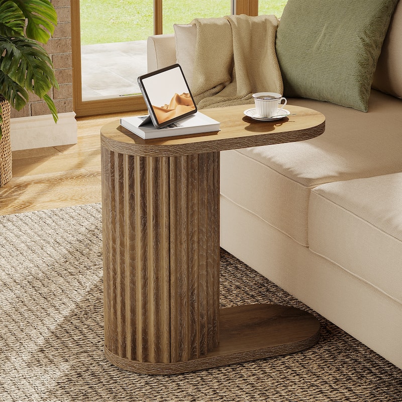 Modern C-Shaped End Table, Fluted Narrow Side Table - Brown