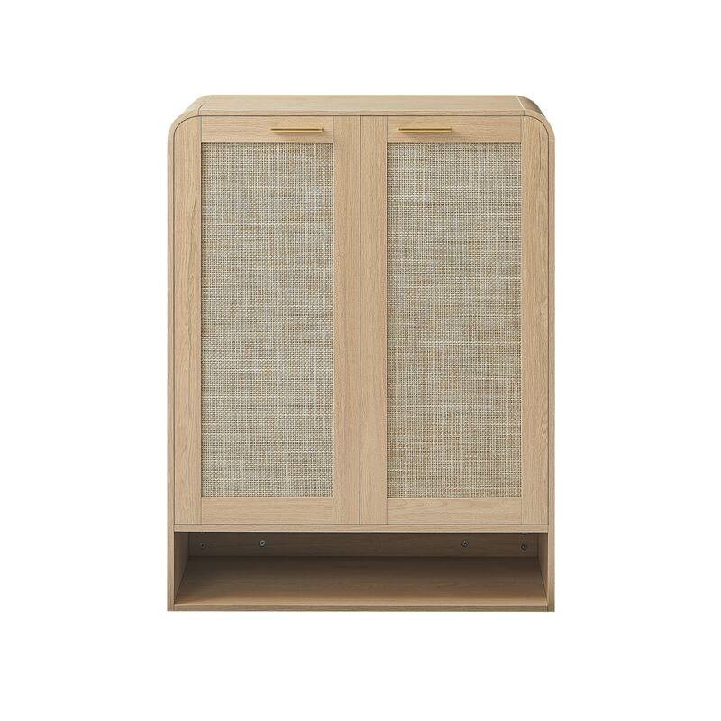 Rattan Shoe Cabinet with Doors & Open Bottom Shelf, Shoe Storage Cabinet with Adjustable Shelves, Wooden Shoes Rack Organizer