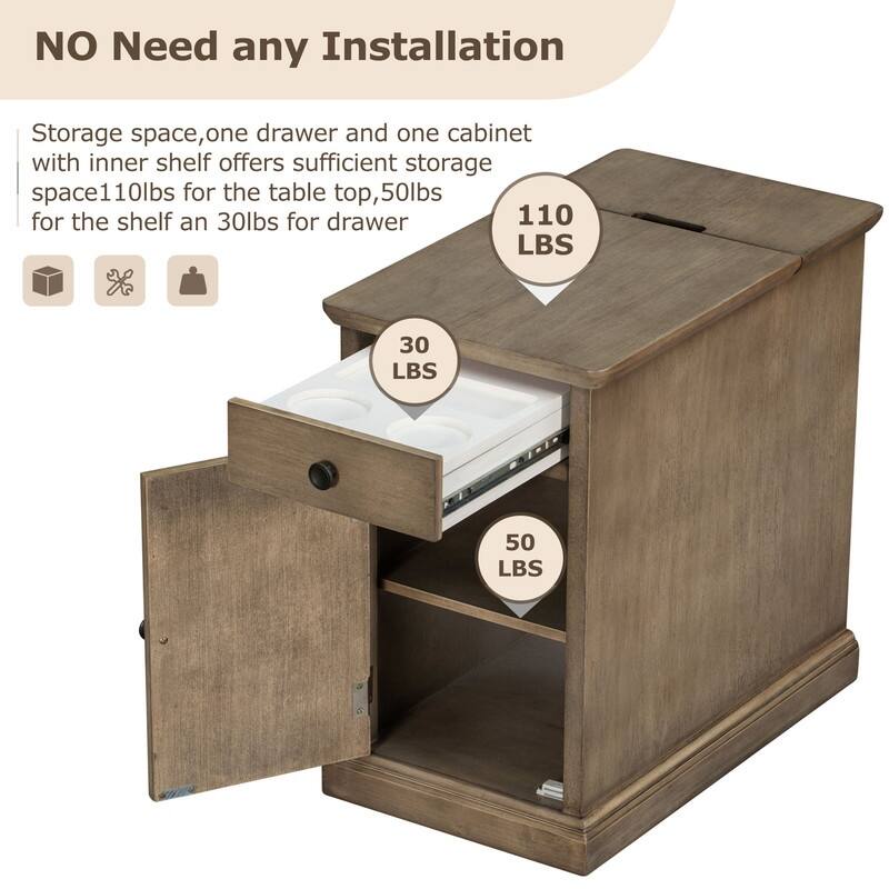 Multifunctional End Table with USB Ports and 1 Drawer with Cup Holders, Vintage Sofa Side Table Bedside Nightstand Narrow Table