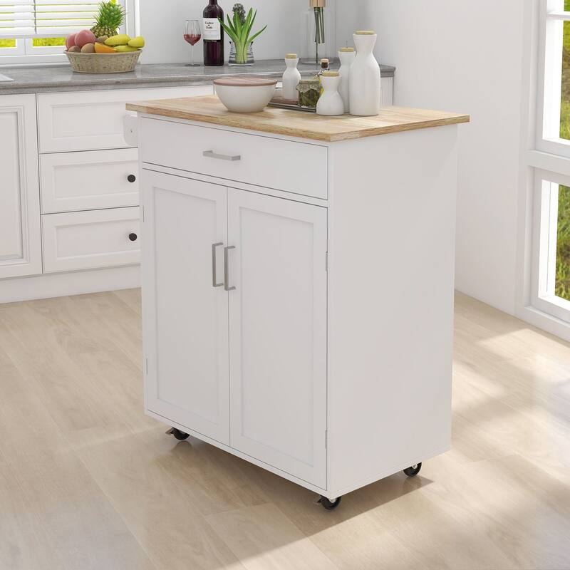 Mobile Kitchen Cart with Rubber Wood Tabletop, Adjustable Storage, and Towel & Seasoning Racks