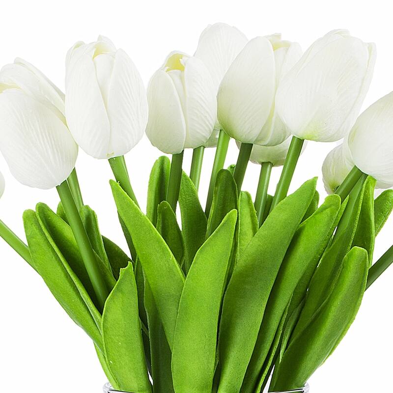 Enova Home Artificial Real Touch Tulips Fake Silk Flowers Arrangement in Clear Glass Vase with Faux Water for Home Decoration