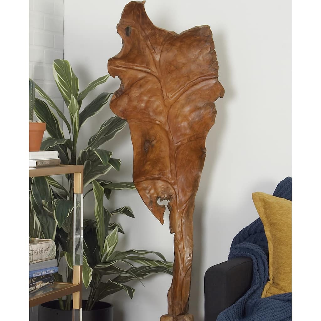 Brown Teak Wood Handmade Live Edge Leaf Decorative Sculpture