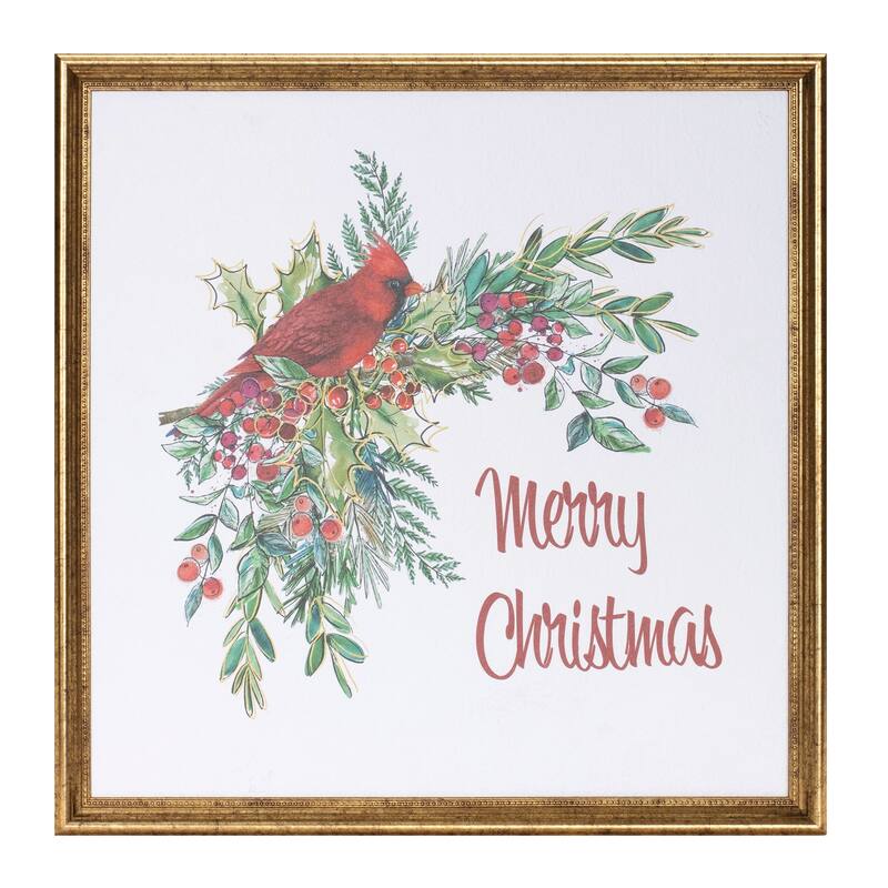 Holiday Cardinal Wall Hanging with Gold Frame Seasonal Merry Christmas Decoration Indoor Use - 16”L x 0.75”W x 16”H