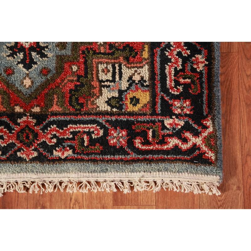 Hand Knotted Oriental 100% Wool Carpet Traditional Geometric Navy Blue & Blues Heriz (serapi) Runner Rug - 7' 11'' X 2' 7''