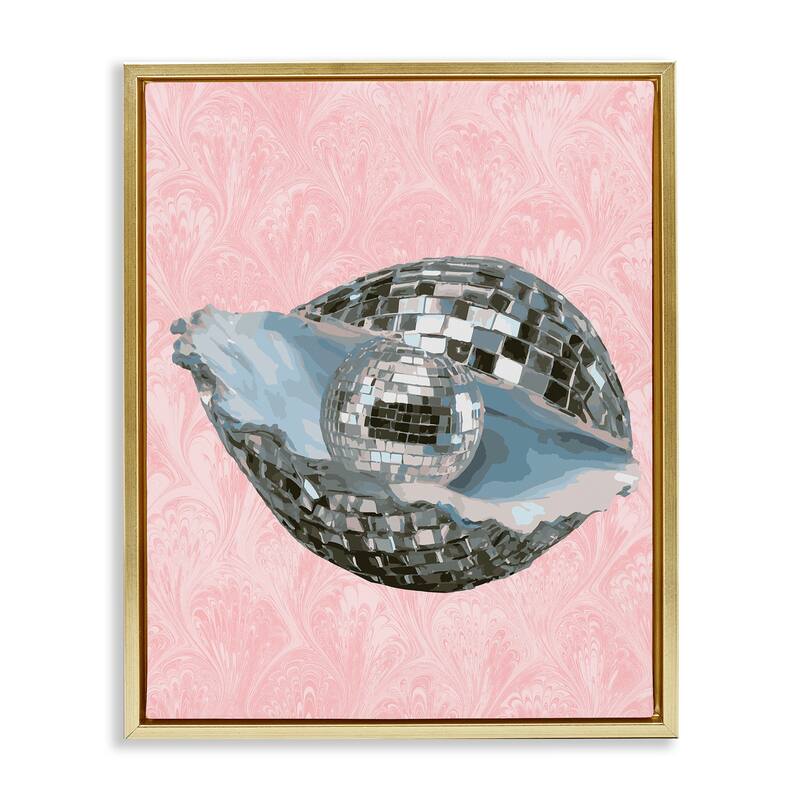 Stupell Disco Oyster on Pink Framed Floater Canvas Wall Art Design By Lil' Rue - 17 x 21 - Gold