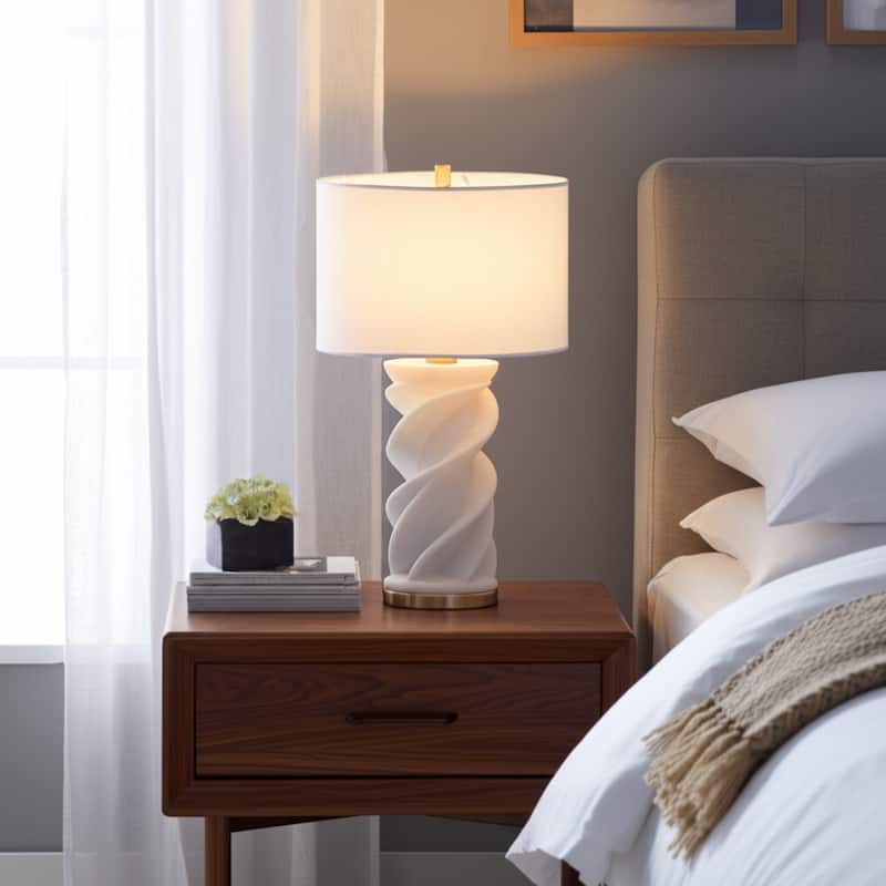 Stone Quartz Table Lamp Sculpted Twisted Base Fabric Shade - 29" White - 16" x 16" x 29"