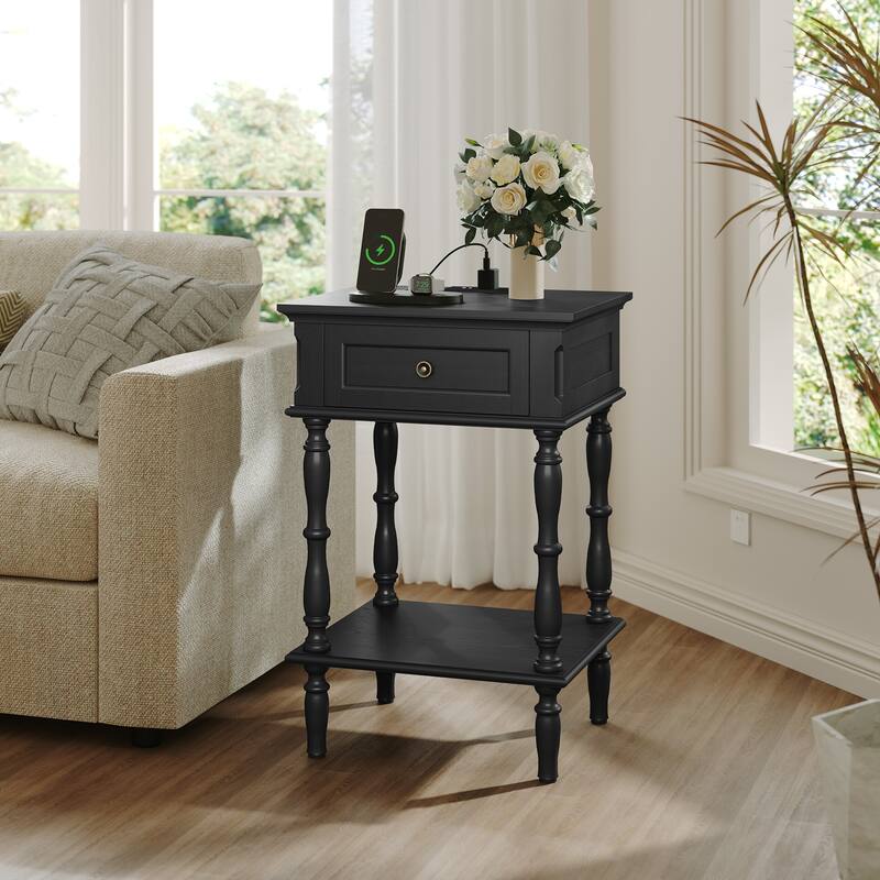 Nightstand with Built-in Charging Outlets, Minimal Assembly Needed - Black