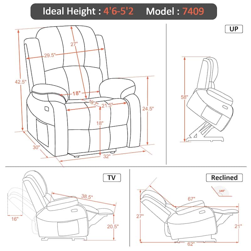MCombo Small Sized Power Lift Recliner Chair with Massage and Heat, USB Ports, Faux Leather 7409