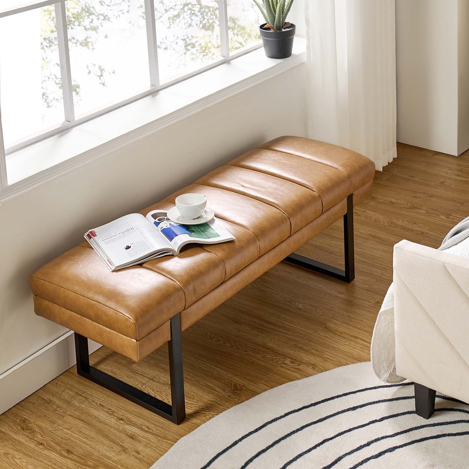 HULALA HOME Laurens Modern 52.5''W Vegan Leather Waterproof Channel Tufted Bench with Mental Legs