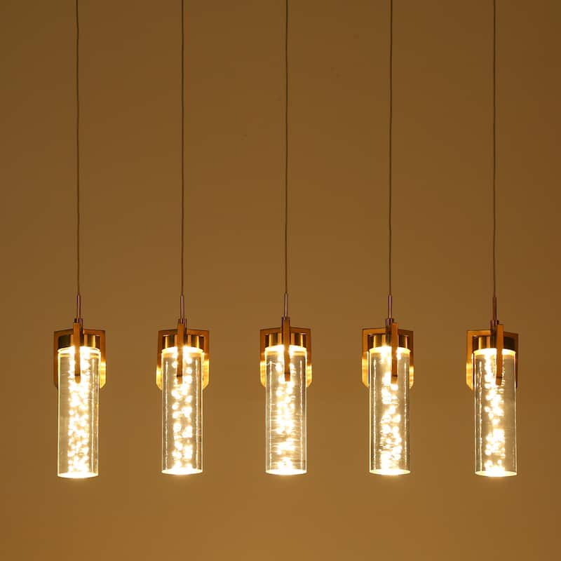 Modern 5-Light Fixture Gold Brass Linear LED Chandelier Acrylic Kitchen Island Light for Dining Room - 28.9" × 10.6" × 4.3"