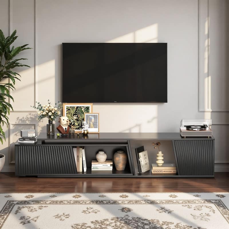 Meyreso Modern Extendable TV Stand with Drawers, Adjustable 71-106 Inch Media Console - Black - Extendable