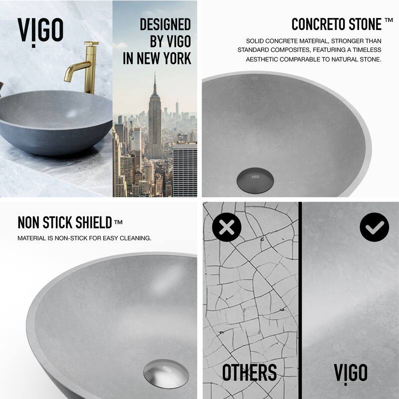 VIGO Ravenna 16"L x 16"W x 5"H Concreto Stone Round Bathroom Vessel Sink