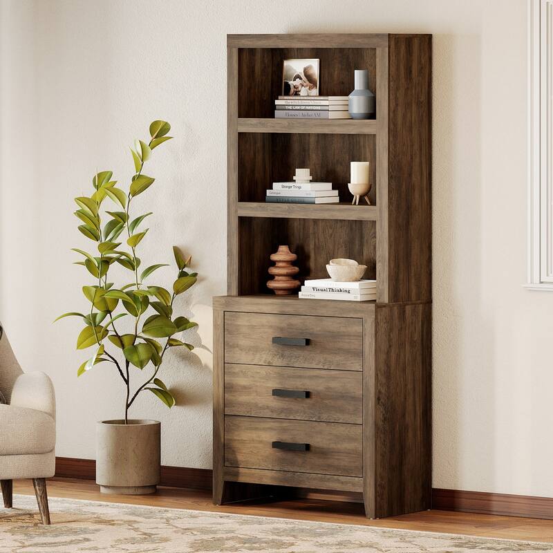 3-Tier Bookshelf with 3 Large Drawers, 74" Tall Farmhouse Bookcase with Wide Metal Handles, for Living Room, Office, Library - 31" Wide - Brown