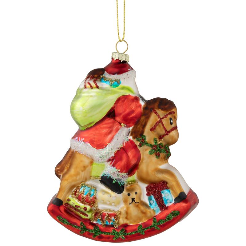 Santa on a Rocking Horse Glittered Glass Christmas Ornament - 4.75" - Red