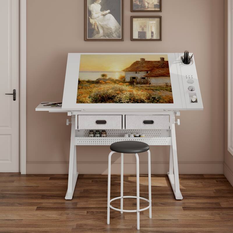 Adjustable drawing drafting table desk with 2 drawers for home office and school with stool (all white)