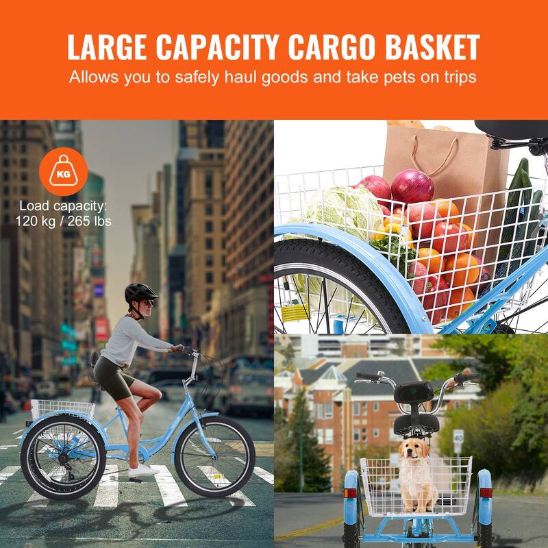 Blue Carbon Steel Tricycle with Basket, Comfort Seat and Stable Ride - 64.2” L x 25.8” W x 40.2” H
