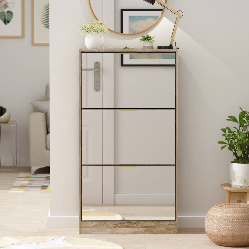 Timechee Shoe Cabinet with 3 Mirrored Flip Drawers, Free Standing Slim