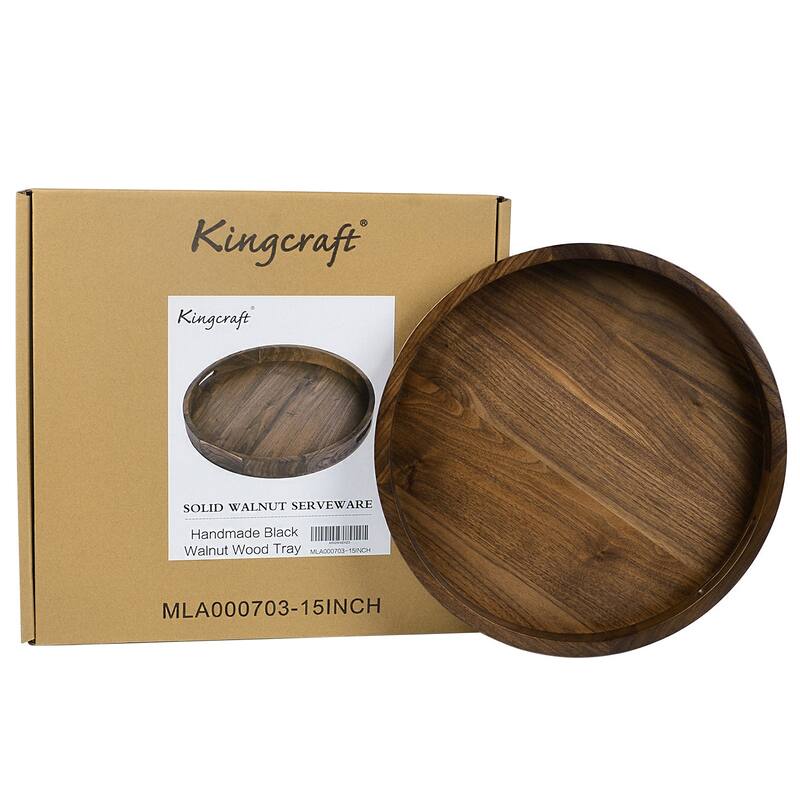 KINWELL Round Black Walnut Wood Serving Tray Ottoman Tray with Handles