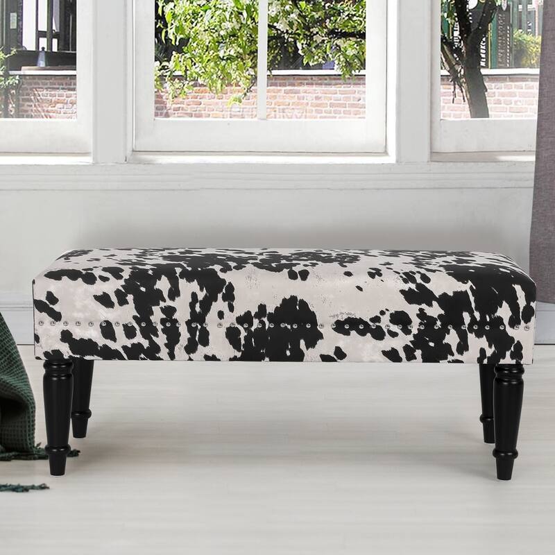 Adeco Rectangular Ottoman Black Milk Cow Bench Fabric Footrest Stool