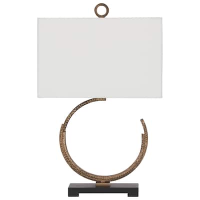 Crescent Shape Metal Table Lamp with Fabric Drum Shade, Brass and White