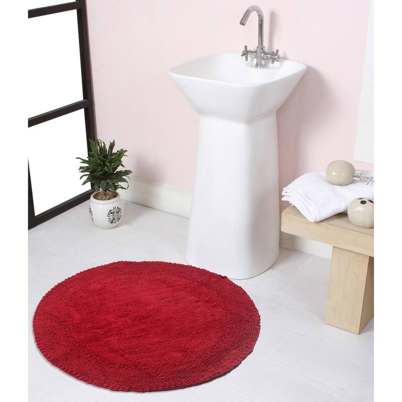 Double Ruffle Cotton Bathroom Rug, Water Absorbent Bath Rug, Non Slip Shower Rug Machine Washable 28" Round - Red