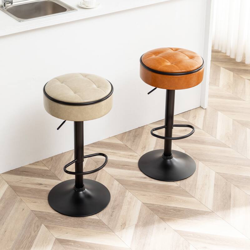 Round Storage Bar Stool Set of 2, Swivel Counter Height Chairs with Metal Frame, Faux Leather Armless Bar Chair