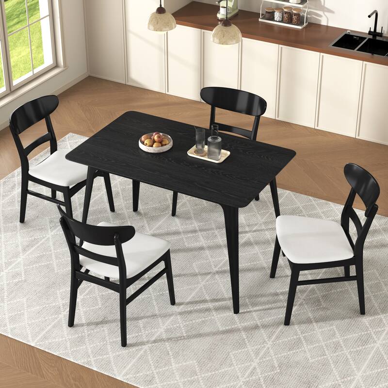 Mid-Century Modern 5-Piece Dining Set, Rubberwood Frame, One Table And 4 Upholstered Chairs